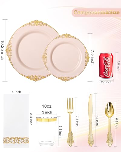 Nervure 350PCS Pink Plastic Plates - Pink Plastic Dinnerware Sets for 50 Guests - 100 Disposable Plates, 150 Gold Silverware, 50 Cups, 50 Napkins Perfect for Wedding & Party & Mothers Day - color: Pink
