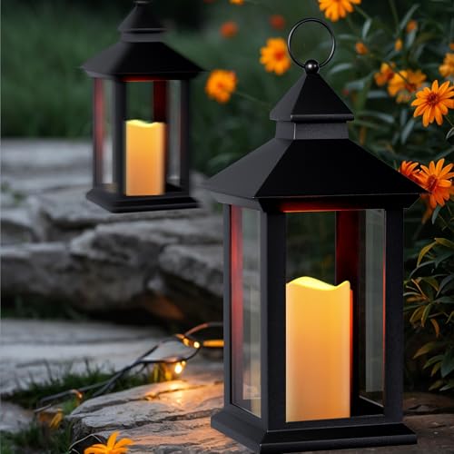 Lanterns Decorative Indoor, 2 Pack Black Decorative Flameless Candle Lanterns with Timer, Vintage 14" Waterproof Hanging Outdoor Lanterns, Battery Operated for Porch, Patio, Wedding Decor - color: Black-2pcs