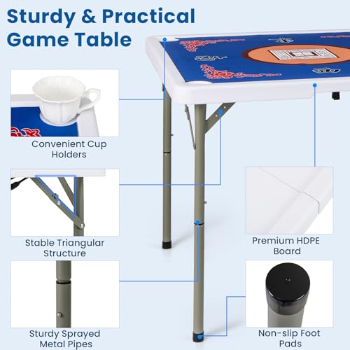 Goplus Mahjong Table, 35" Square Folding Card Table w/4Cup Holders, Anti Slip Mat, HDPE Tabletop, Metal Legs, Portable Mahjong Game Table for Domino Game, Picnic (Table w/Removable Mat, Blue) - style: Blue, Table w/Removable Mat