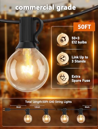Abeja 50FT G40 Globe String Lights, Outdoor Patio String Lights with 53 Edison Globe Bulbs(3 Spare), Hanging Bistro Light Waterproof for Balcony Party Wedding Market Cafe, Black - color: 50FT Amber White-Black, size: 50FT