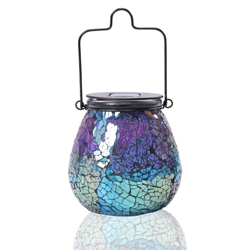 Afirst Mosaic Solar Lanterns Outdoor - Glass Hanging Solar Lights Hollow Out Waterproof Table Lamp Outdoor Decorative for Garden, Patio, Holiday Party Outdoor Decoration - style: ice-purple
