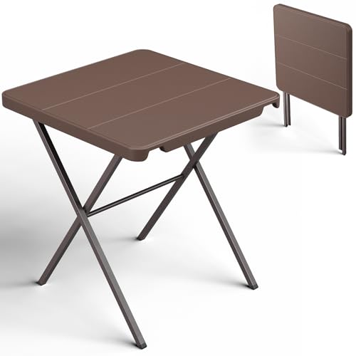 Folding Table, 27 Inch Square Foldable Card Table No Assembly, Portable Coffee Table with Heavy Duty Steel Frame Supports to 400lbs, Ideal for Small Spaces, Picnic, Camping, RV Travel, Parties, Brown - color: Brown, size: 27in