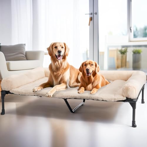 Veehoo Orthopedic Elevated Dog Bed with Fluffy Plush Bolster Cushion, Indoor Raised Dog Beds for Large Dogs, Soft Pet Sofa Cot with Removable Washable Mat, No-Slip Feet, 59 x 37 inches, Cream White - color: Cream White, size: 59.0"L x 37.0"W x 9.0"Th