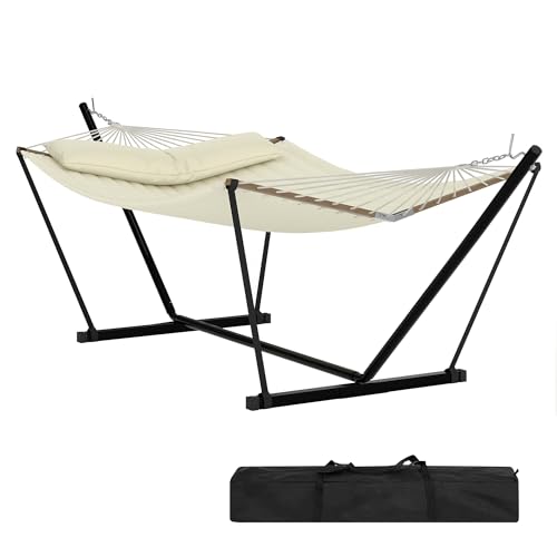 2 Person Double Hammock with Adjustable Steel Stand & Pillow, Heavy Duty Portable Outdoor Hammock Set, MAX 450 LBS Weight Capacity for Patio, Garden, Beach, Backyard - color: V-off-white