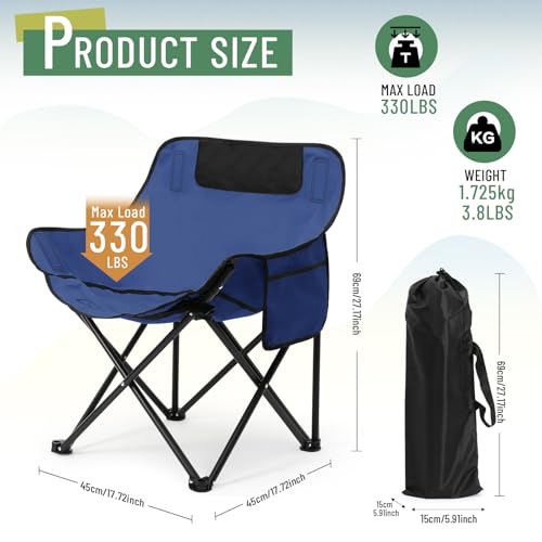 2 Pack Compact Camping Chairs Portable Folding for Outside with Carry Bag Lightweight Moon Chairs for Travel Picnic Hiking Beach Fishing, 600D Oxford, Supports 330lbs(Blue) - color: Blue