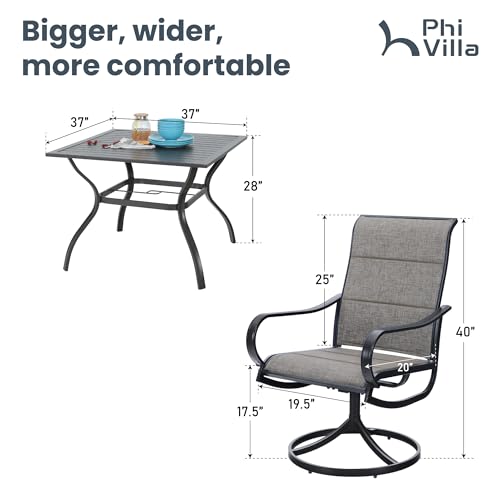 PHI VILLA 5 Piece Patio Dining Set with 4 Padded Outdoor Swivel Dining Chairs and 37"x 37" Metal Steel Dining Table with Umbrella Hole, Outdoor Dining Table and Chairs Set for Deck Pool Lawn - color: Brown Padded Fabric, size: 37"L x 37"W x 28"H-Metal-5 P
