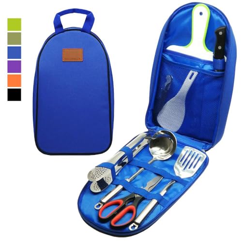Camp Kitchen Utensil Organizer Travel Set Portable BBQ Camping Cookware Stainless Steel Utensils Travel Kit Outdoor Equipment Cutting Board Tongs Scissors Knife Ladle Spatula - color: Blue