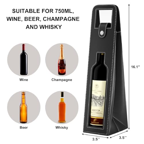 RYDDOY Wine Gift Bag, Reusable Leather Wine Tote Carrier, Single Bottle Champagne Beer Gift Bags Carrier for Birthday, Wedding, Picnic Party, Christmas festival Gifts (Black) - color: B-Black-16.1×3.5×3.5