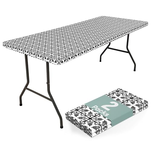 misaya 2 Pack Rectangle Vinyl Table Cloth, Elastic Fitted Flannel Backed Tablecloth, 100% Waterproof Plastic Table Cover Fits Folding Tables for Picnic, Camping, Outdoor (Black, 36" x 60") - color: Black, size: 60" x 36" (Rectangular) - 2 Pack