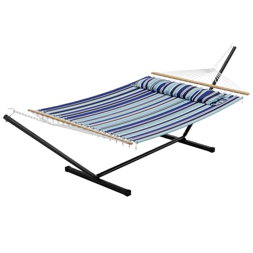 Double Hammock with Stand for 2 Person, Outdoor Freestanding Hammock Bed with 475lb Capacity - Heavy Duty Steel Frame, Quilted Pillow & Portable Carry Bag, Easy Assembly, Blue - color: Blue - Widened