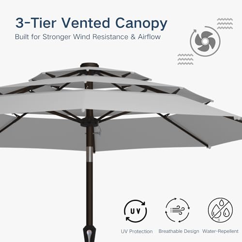 10FT Patio Umbrella 3 Tiers Outdoor Market Umbrella w/Push Button Tilt, Crank, UV and Waterproof Table Umbrella for Garden, Pool, Backyard, Deck, Lawn, Light Gray - color: Light Gray