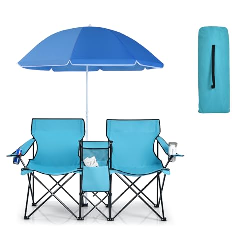Double Camping Chair, 2-Person Portable Beach Chair w/Removable Umbrella, Cup Holders & Carrying Bag, Folding Loveseat Chairs for Adults Outdoor Picnic (Turquoise) - color: Turquoise
