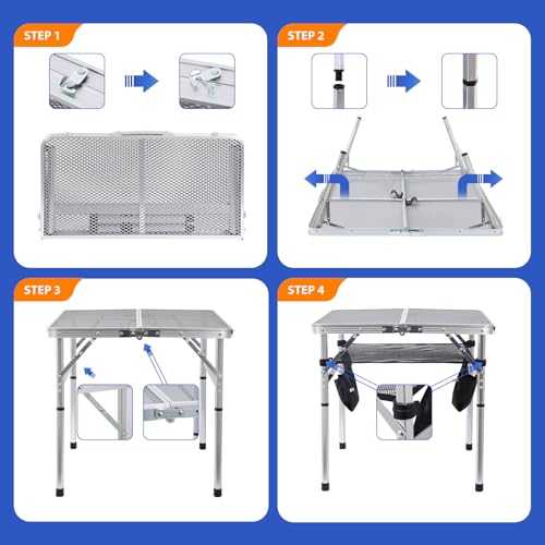 C Square Folding Height Adjustable Aluminum Table - 23.6"x23.6" White, Mesh Bag, Carry Handle, Ideal for Grill, Camping, Outdoor, Card Games