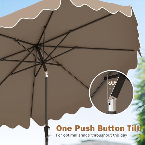 Tangkula 9 FT Patio Umbrella with Base Included, 2-Tiers Outdoor Scalloped Table Umbrella with 2 Sandbags, Tilt Adjustment, Crank, 8 Ribs for Market Backyard Pool Deck Beach Lawn - color: Tan, size: 9 FT