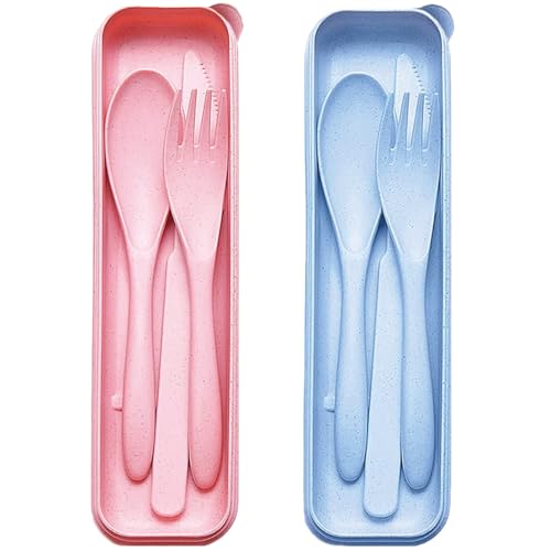 Reusable Travel Utensils Set with Case, 2 Sets Wheat Straw Portable Plastic Fork Spoons Knife Cutlery, Camping Eco-Friendly BPA Free Tableware for Kids Adults Work Picnic or Daily Use (Pink + Blue) - color: Pink+Blue