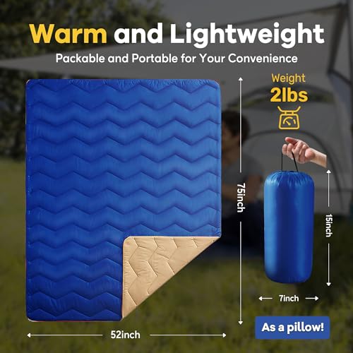 UNIKOME Waterproof Puffy Camping Blanket - Lightweight Packable Outdoor Quilt with Corner Loops, Warm Compact Blanket for Cold Weather Hiking Picnic Stadium Travel, 75"×52", Blue - color: 08 Navy
