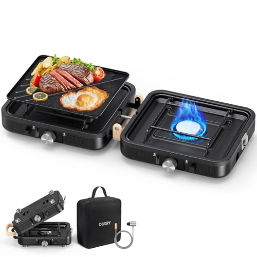OGERY 2-Burner Foldable Camping Stove with Griddle (Textured & Smooth) and Carrying Bag, Portable Propane Camp Stove with 2 Adjustable Burners & Piezo Ignition, for Camping Tailgating Essentials Gear - color: Black