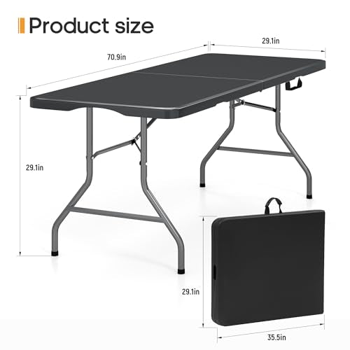 6ft Folding Table Heavy Duty 350 LBS Capacity Foldable Table with 18% Thicker HDPE Waterproof Top & Reinforced Steel Frame, Portable Fold-in-Half Table for Outdoor Indoor Party Wedding Camping - color: Black, size: 6Ft