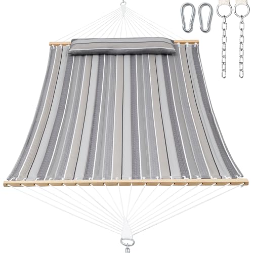 GAFETE Hammock 2 Person Quilted Fabric Hammocks for Outside, Double 12ft Hammocks with Spreader Bar, Large Removable Pillow, Storage Bag, Carabiners, Max 475 lbs Capacity (Peace Dove Grey) - color: Peace Dove Grey