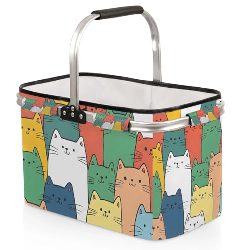 Picnic Basket, MARYHFENVA Shopping Basket with Handle 40L Collapsible Grocery Basket Portable Folding Basket for Marketing Reusable - color: Cat(style 2)