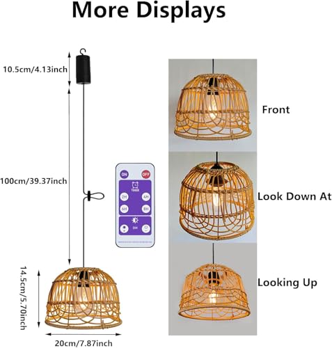 Outdoor Pendant Light Chandelier for Gazebo Battery Operated Boho Hanging Lamp Handmade Rattan Decorative Lights LED Lantern Bulb Powered by 4*AA Batteries for Porch Patio Backyard Decor