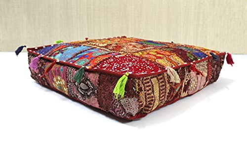 Mam Treasures Indian Bohemian Decorative Pillow Vintage Cushion Cover Patchwork Square Floor Pillow Cover Meditation Cushion Large Floor Pillow Indian Cushion (Brown, 16 X 16 X 5 Inch) - color: Brown, size: 16" x 16" (Pack of 1)