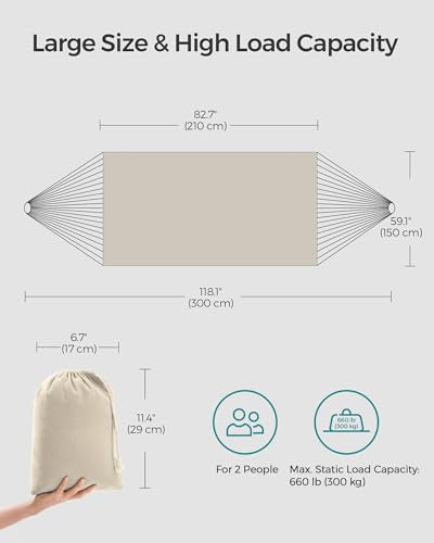 SONGMICS Double Hammock, 98.4 x 59.1 Inches, 660 lb Load Capacity, with Compression Bag, Mounting Straps, Carabiners, for Terrace, Balcony, Garden, Outdoor, Camping, Beige UGDC15M - color: Beige