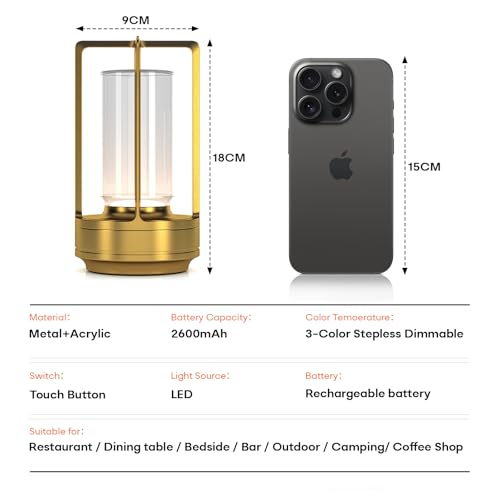 Portable Metal Table Lamp for Indoor/Outdoor ,Rechargeable Cordless LED Lamp, 3-Colour Infinitely Dimming Battery Powered Small Desk Lamp, Restaurant/Bedroom/Bar/Coffee Shop/Camping Light (Gold) - color: Gold