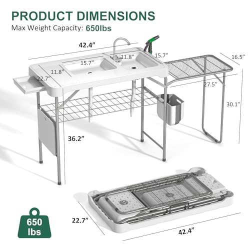 42.5" Fish Cleaning Table with Dual Sink, Portable Folding Camping Table with Foldable Extension Stand, Faucet, Sprayer, Grid Rack, Hose Hook Up & Knife Groove, Outdoor Sink Station for Picnic - style: Fish cleaning table with extension stand
