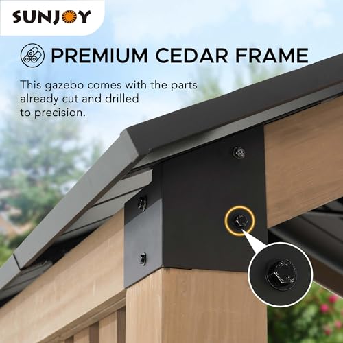 SUNJOY 11x11ft. Cedar Wood Gazebo with Six 5.5x5.5 in. Heavy Posts, Permanent Hard Top Pavilion with Wooden Privacy Screen for Backyard Hot Tub, Ceiling Hook - Outdoor Patio, Matte Black - style: Gazebo w/Privacy Screen