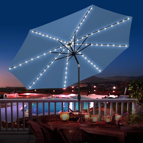 Sundale Outdoor Olefin 5-Year-Non-Fading Solar 88 LED 10FT Solar Patio Umbrella with Sand Bag Base, Outdoor Umbrella with Tilt and Crank, Navy - color: Navy Blue, size: 10FT