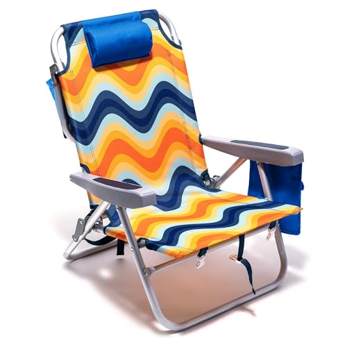 SUNNYFEEL Low Beach Chair, 5-Position Lay Flat Reclining, Backpack Portable Folding Chair with Cooler Bag & Cup Holder, Heavy Duty 350 LBS, Compact for Beach, Camping, Travel - color: Orange Wave, size: 1-pack