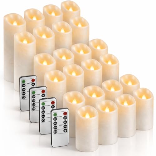 Enido 24 Pc Flameless LED Candles with Remote & Timer, Outdoor Waterproof, Flickering Electric Warm Lights for Cozy Home & Holiday Romantic Decor, Battery Operated (D 2.2” x H 4”/5”/6”) - color: Ivory