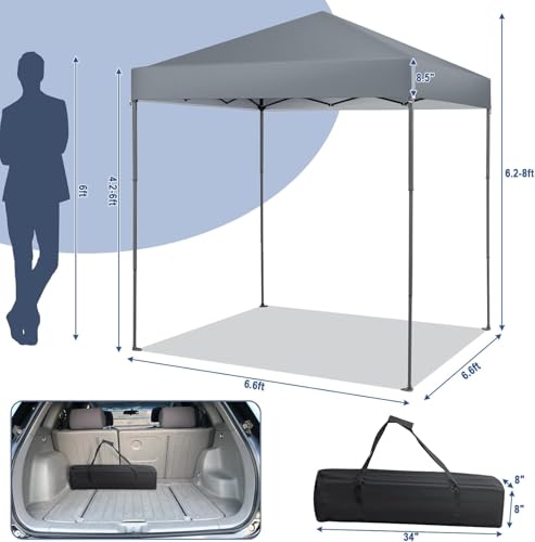 LDAILY 6.6 x 6.6 Ft Pop Up Canopy, Portable Canopy Tent Heavy Duty Instant Canopy w/Center Lock, 8 Stakes, 4 Ropes, Carry Bag, Sun Protection, Easy Up Outdoor Canopy for Party, Camping, Patio (Grey) - color: Gray