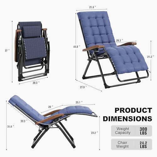 PURPLE LEAF Oversized Outdoor Reclining Chair Set of 2 Patio Zero Gravity Chaise Lounge Folding Chair with Removable Cushion Adjustable Headrest for Lawn Camping Beach Pool Navy Blue - color: Navy Blue - 2 Chairs, size: Oversized – Thick Cushion