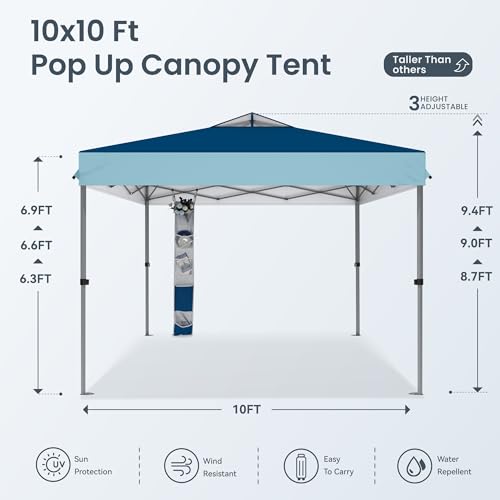 PHI VILLA 10x10ft 1-Person Setup Pop Up Canopy Tent Instant Portable Shelter w/ 1-Button Push, Case, 4 Weight Bags - Dark & Light Blue - color: Dark & Light Blue, size: 10×10 one push