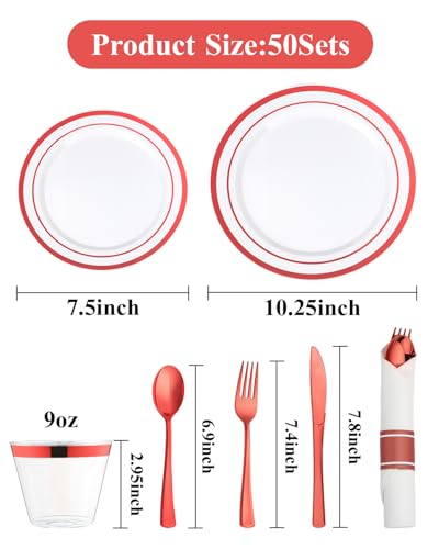 Goodluck 350 Piece Red Plastic Dinnerware Set for 50 Guests, Fancy Disposable Plates for Party, Include: 50 Dinner Plates, 50 Dessert Plates, 50 Pre Rolled Napkins with Silverware, 50 Cups - color: White Red, style: 350 Piece (50 guests)