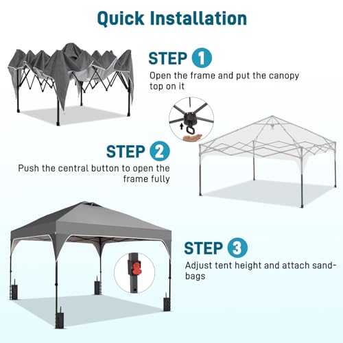 8x8 FT Canopy Tent, 1-Button Push Pop Up Canopy with 4 Sandbags and Carrying Bag, Instant Outdoor Gazebo Shelter - color: Gray, size: 8x8