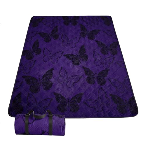 Outdoor Picnic Blanket Portable Ultrasonic Waterproof Picnic Cartoon Black Butterfly Printed Camping Beach Mat for Sand and Wet Grass Hiking (Black Butterfly L - color: Black Butterfly, size: Extra Long - 78"x78"