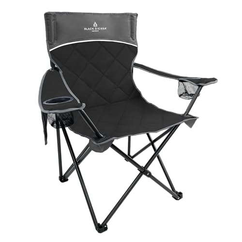 Black Sierra Quilted Padded Camping Chair, Oversized Heavy Duty Outdoor Lounge Seat Supports 300 lbs, Portable, Folding with Cup Holder for Beach, Tailgating, Sports, Patio - color: Black