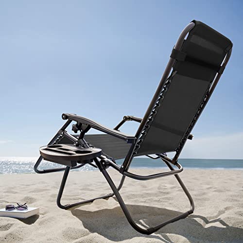 GUNJI Zero Gravity Chair Outdoor Lawn Folding Lounge Chairs Adjustable Reclining Patio Chairs Set of 2 with Cup Holder Lounge Gravity Chairs for Poolside, Backyard, Beach and Camping (Black) - color: Black