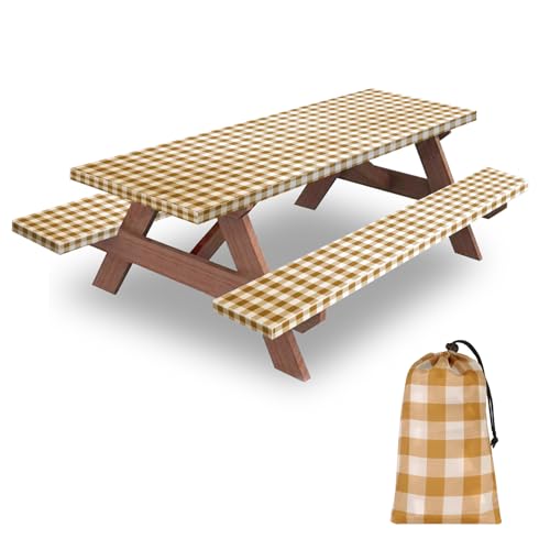 6ft Picnic Table and Bench Cover, Camping Essentials RV Gear, 72 in Waterproof Windproof Outdoor Elastic All Around Tablecloth, Fitted Rectangle Tables and Seats, Coffee-White Checkered - color: Coffee-white Checkered, size: 72"