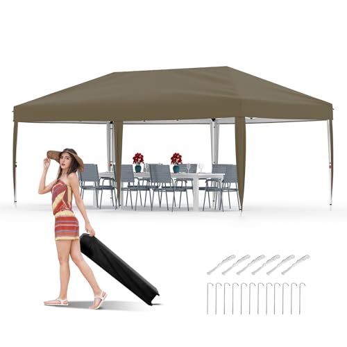 10x20 Pop Up Canopy - Easy Up Camping Tent with One Roller Bag, 3 Adjustable Height, 4 Weight Bags for Deck, Garden, Sports, Beach, Party - Tan - color: Brown, size: 10x20