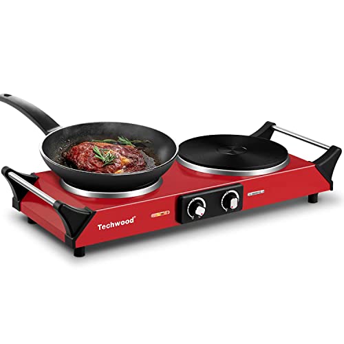 Hot Plate, Techwood 1800W Portable Electric Stove for Cooking Countertop Dual Burner with Adjustable Temperature & Stay Cool Handles, 7.5” Cooktop for Home/RV/Camp, Compatible for All Cookware, Red - color: Red, size: Double Burner