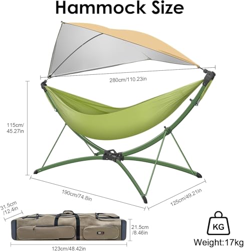 Portable Outdoor Hammock with Quick-Fold Stand,Adjustable Sunshade,Waterproof & UV-Resistant,Heavy-Duty 550lb Capacity,Travel 2-Person Hammock with Storage Bag for Camping,Backyard,Beach,Patio,Indoor - color: Green