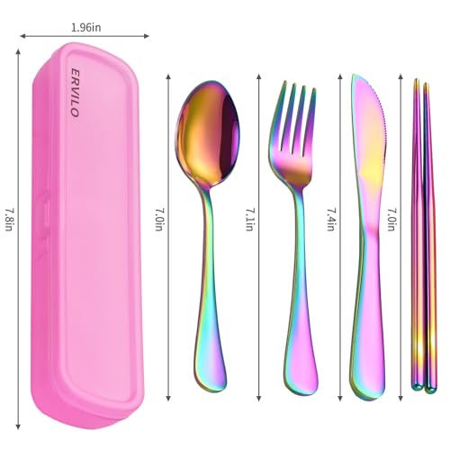 Travel Utensils with Case, Stainless Steel Camping Cutlery Set, Reinforced Case with Snap-Lock Closure, Include Fork Spoon Knife Chopsticks, Portable Lunch Box Silverware for Picnic Office, Rainbow - color: Rainbow