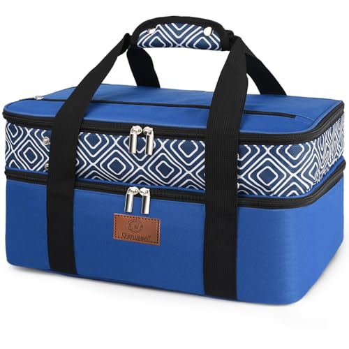 Genteen Insulated Casserole Carrier,Expandable Double Insulated Food Carrier for Hot and Cold Food, Fits 9x13 Casserole Dish,Lasagna Holder Tote for Parties Potluck Picnic (Blue)