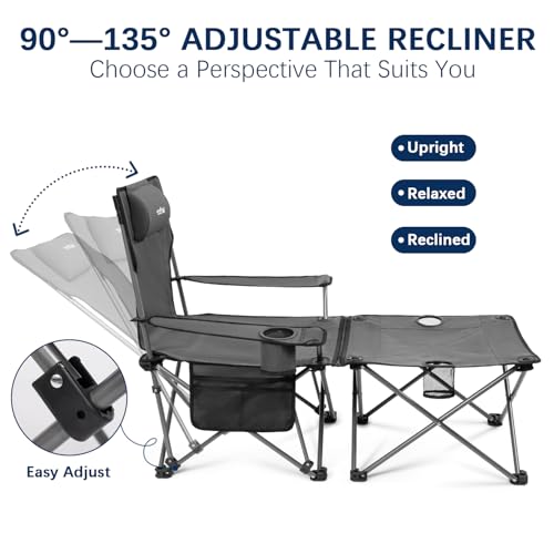 apollo walker Reclining Beach Chair, Adjustable 90-135° Backrest Camping Lounge Chairs for Adults, Folding Chair with Foot Rest & Detachable Pillow - Upgraded 8-Leg, Grey - color: Grey, style: 8-Leg