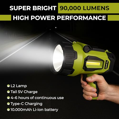 Camping Lantern Rechargeable - Led Spotlight Flashlight 90,000LM With 10,000mAh (6 To 12 Hours Of Runtime) - Usb-c Fast Charging- Outdoor Handheld Spotlight For Camping, Flash Lights For Emergency