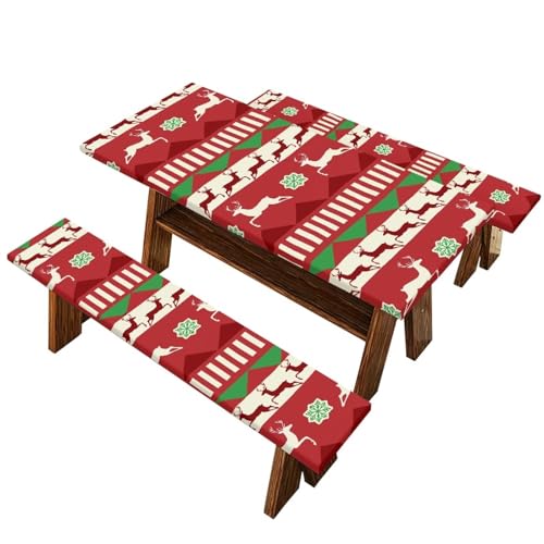 Xmas Table Cloth with Bench Covers 3 PCS for Outdoor Christmas Reindeers Camping Accessories Fitted Outdoor Tablecloth - color: Christmas Reindeers, size: Small